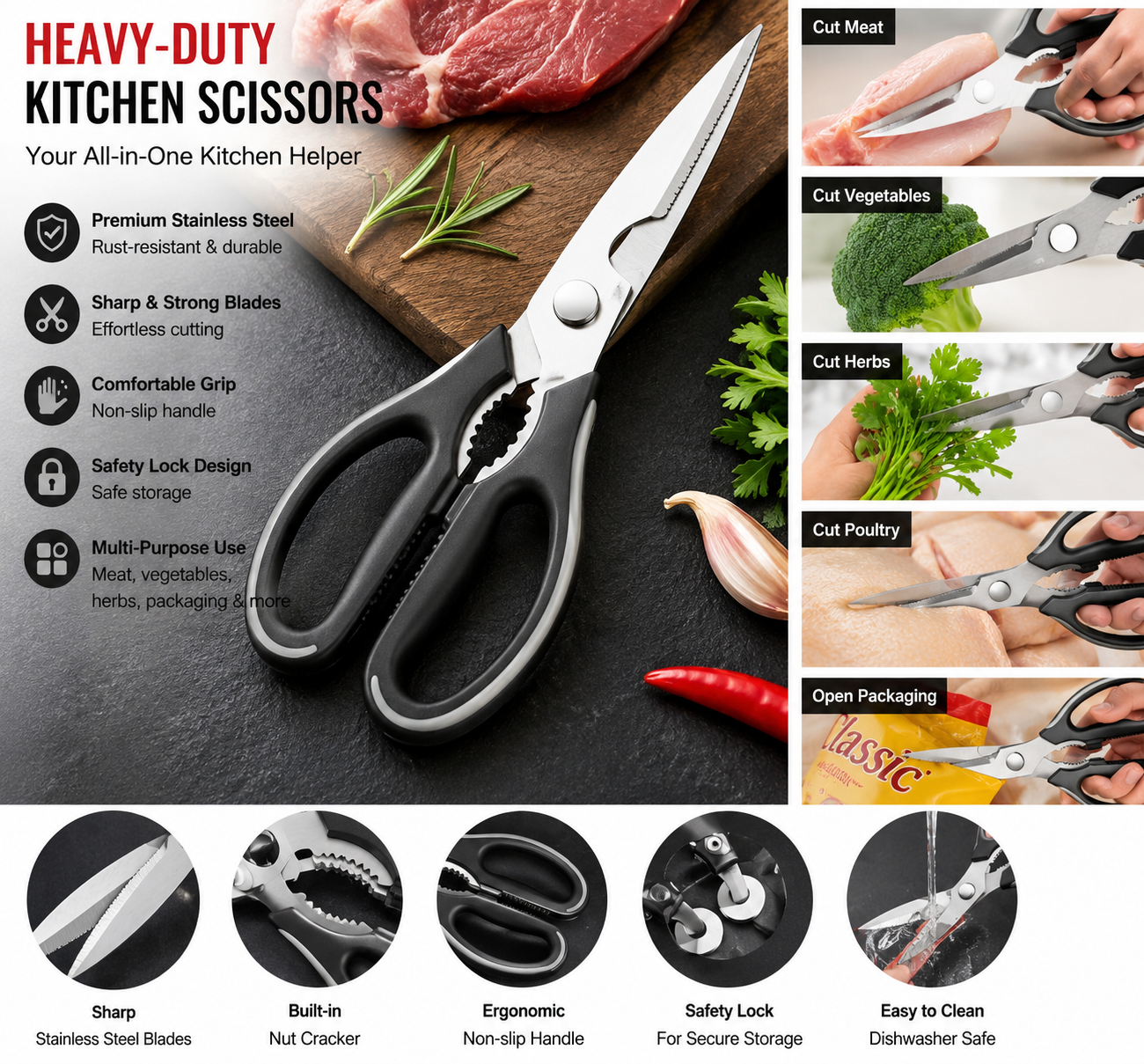 Useful Heavy Duty Kitchen Scissors for Kitchen Use,Stainless Steel Scissors for Chicken Meat, Vegetables,