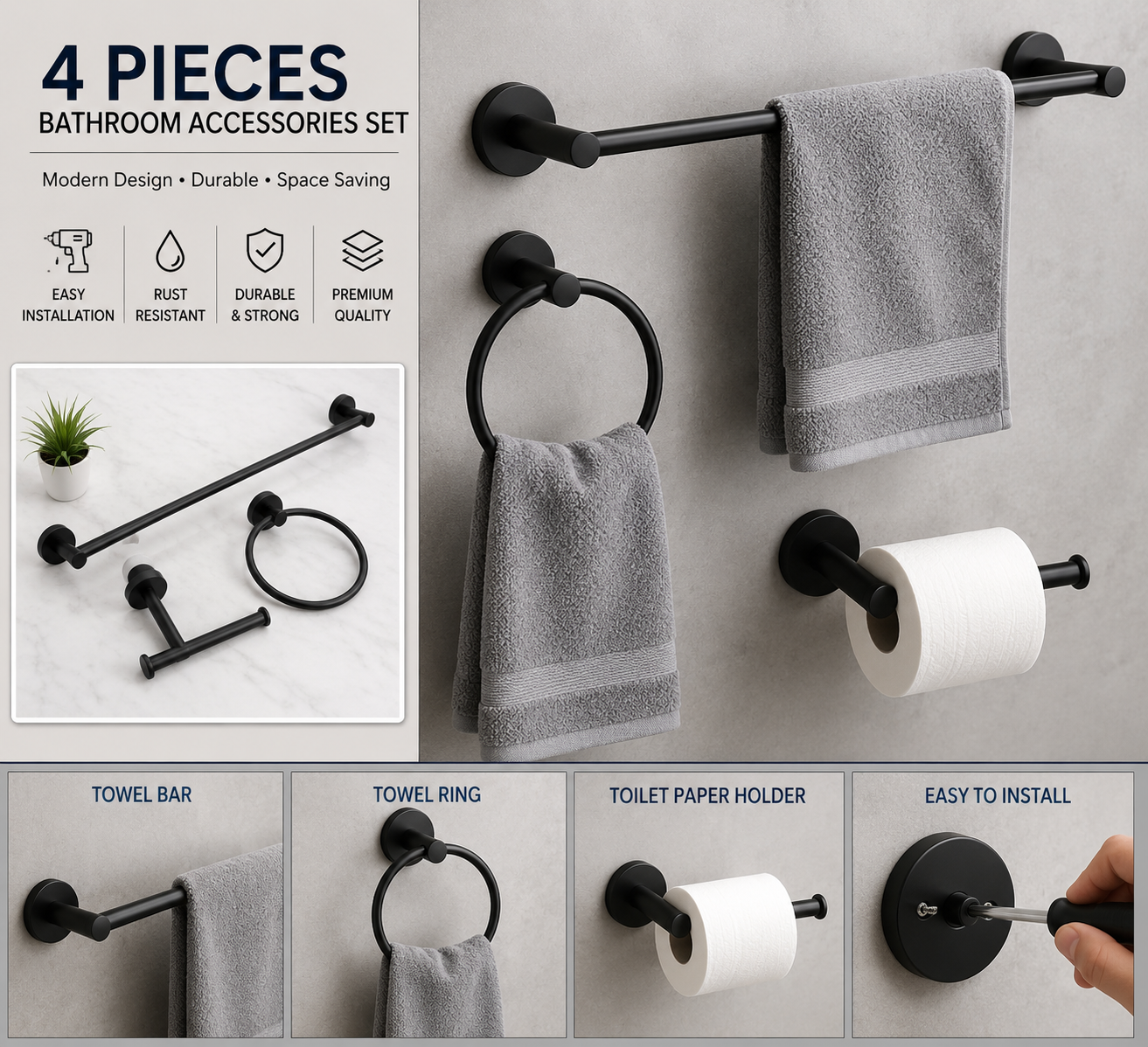 4-Piece Bathroom Accessories Set – Wall Mounted Towel Ring, Towel Bar & Toilet Paper Holder Set for Modern Bathrooms