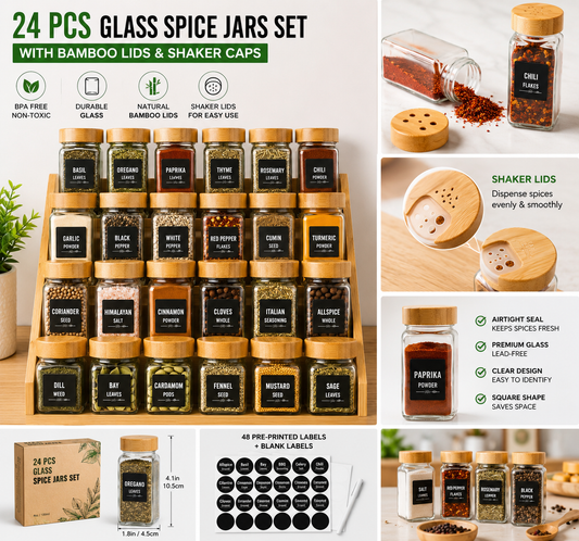 Wholesale Glass Spice Jars with Bamboo Lids Set 24 Pcs 4 oz Seasoning Containers Spice Containers with Shaker Lids