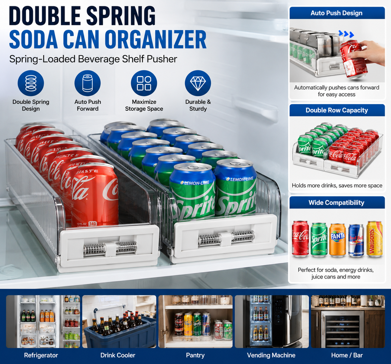 Hot Sales Upgrade Double Spring Soda Can Organizer for Fridge&Spring Loaded Beverage Shelf Pusher Smart System&Drink Pusher
