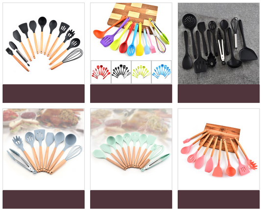 Silicone Cooking Utensils Set With Bamboo Wood Handles for Nonstick Cookware Nylon Turner Tongs Spatula